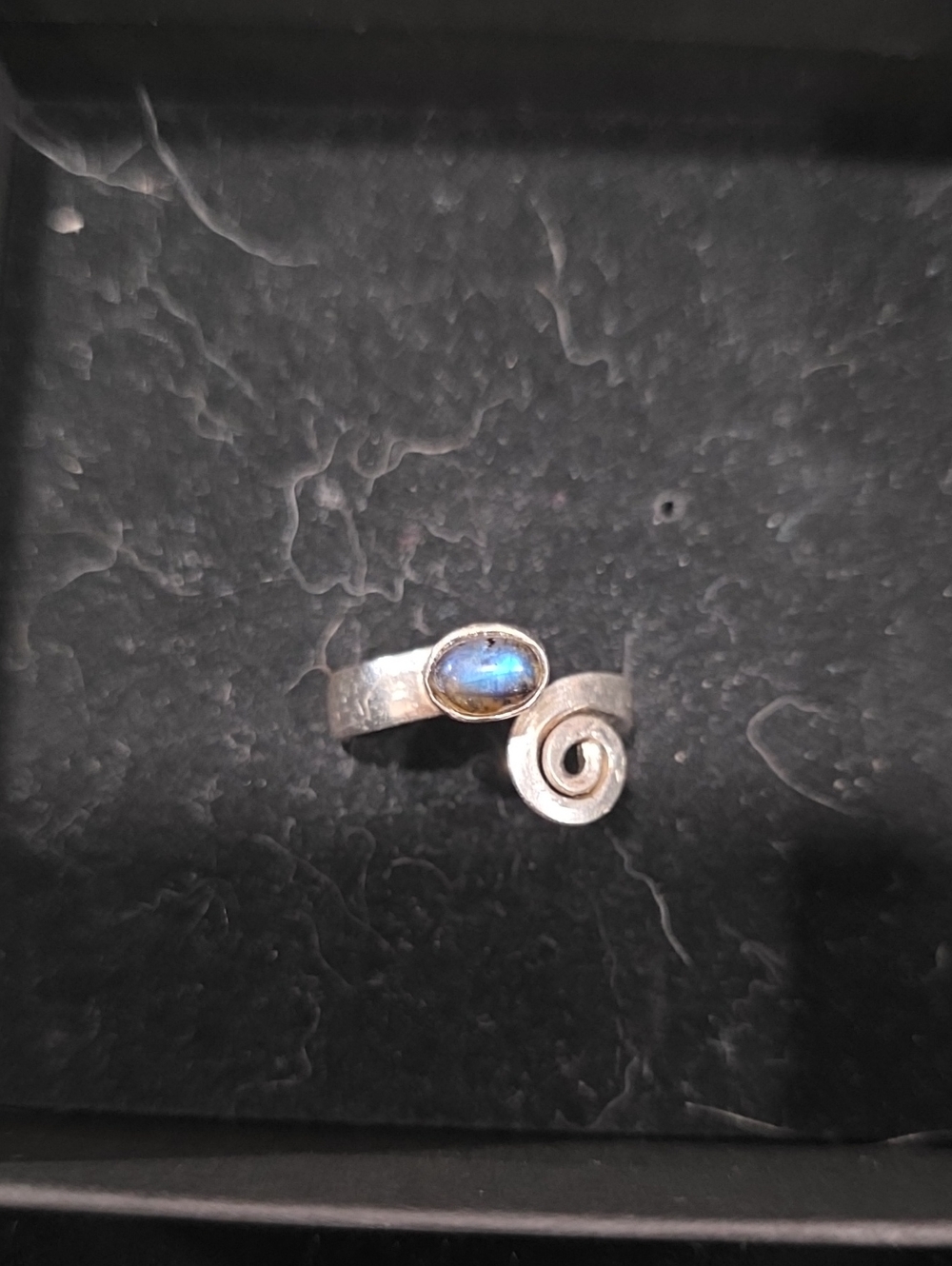 Adjustable Sterling Silver Swirl Ring with Blue Labradorite